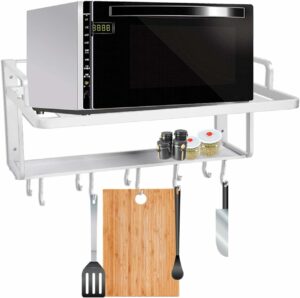 Mensola da parete per forno a microonde Ausla in alluminio, dotata di 10 ganci e 2 ripiani per ottimizzare lo spazio in cucina
