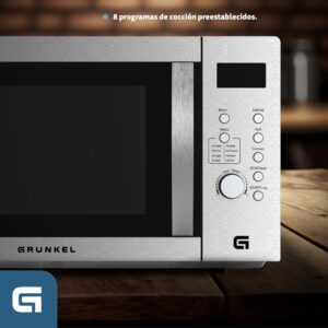 Grunkel Microonde Digitale con Grill e Forno da 30 Litri, acciaio inox, 900W, 5 livelli di potenza, 4 combinazioni, timer fino a 60 minuti.