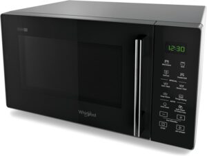 Microonde Whirlpool 25 litri in vetro nero, elegante e potente, perfetto per ogni cucina.