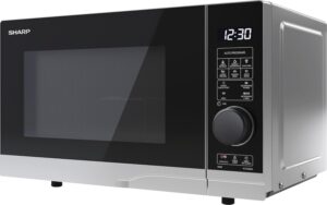 Forno a microonde SHARP YC-PG204AE-S con grill, 700W, 20 litri, funzionalità Eco e sicurezza per bambini, colore argento/nero.