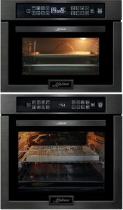 Forno e microonde da incasso Kaiser Set EH 6306RS+ EM 6307RS con 79 litri di capacità e 15+22 funzioni, ideale per cucinare in modo efficiente e veloce.