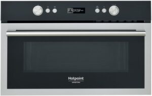 Forno microonde Hotpoint MD 664 IX HA in metallo nero con capacità di 31 litri e potenza di 1000W, ideale per ogni cucina moderna.