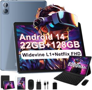 Immagine del 2025 Tablet 10 pollici Android 14 con tastiera e mouse, corpo in metallo grigio  