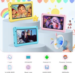 Tablet BISAIKASOW per bambini da 7 pollici con Android 13, custodia rosa e caratteristiche avanzate  