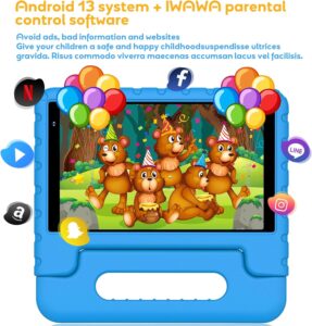 Tablet per bambini 8 pollici Android 13, con controllo parentale, WiFi 6, Bluetooth 5.0, custodia protettiva e batteria lunga durata, ideale per l'apprendimento.
