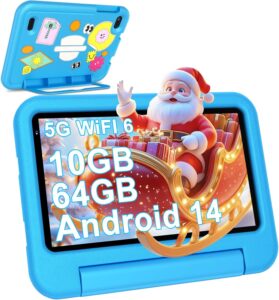 Tablet Android 14 per bambini con 7 pollici di display, 10GB di RAM e 64GB di memoria ROM, con controllo parentale e custodia EVA inclusa.