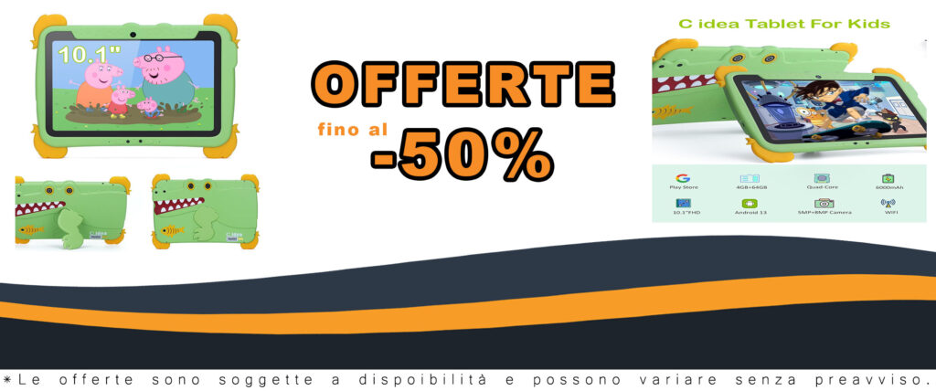 Tablet C idea per bambini da 10 pollici con Android 13, 4 GB di RAM, e 64 GB di memoria interna, completo di custodia protettiva.