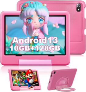 Tablet Bambini Android 13, rosa, 10 pollici, display HD IPS, 10 GB RAM, 128 GB ROM, sistema educativo con controllo parentale, per bambini 3-12 anni