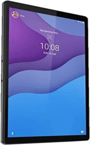 Immagine del Lenovo Tab M10 HD (2nd Gen) con custodia, visualizzazione del tablet grigio con schermo da 10,1" e audio stereo Dolby.