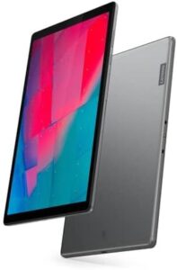 Immagine del Lenovo Tab M10 HD (2nd Gen) con custodia, visualizzazione del tablet grigio con schermo da 10,1" e audio stereo Dolby.