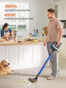 Aspirapolvere senza fili 450W con touchscreen intelligente e sistema anti-avvolgimento, ideale per pavimenti, tappeti e animali domestici.