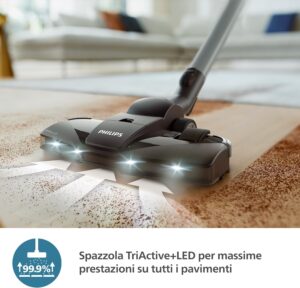 Aspirapolvere Philips con sacco serie 8000 Performer LED in azione, motore potente da 900W e spazzola TriActive+ LED