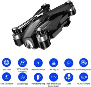 Drone Wifi FPV 4K HD con Fotocamera GPS per adulti, motore brushless e angolo di visione 110 gradi
