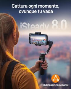 Hohem iSteady X3 SE Gimbal Smartphone, perfetto per stabilizzare video durante vlogging e selfie con design pieghevole e batteria da 11 ore.