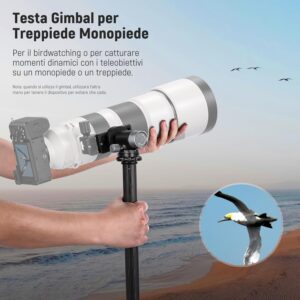 Neewer Testa Gimbal Monopiede GM39, ideale per teleobiettivi lunghi, rotazione a 360° e inclinazione a 90°, con morsetto QR e base tipo Arca