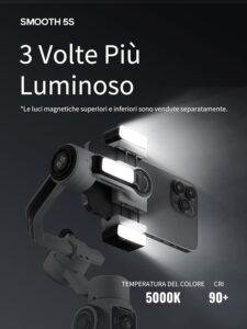 Zhiyun Smooth-5S Combo gimbal stabilizzatore per iPhone con luci di riempimento e treppiede, perfetto per vlog, YouTube e TikTok.