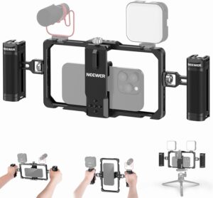 Neewer Kit Vlogging Rig Telefono con doppia maniglia e compatibile con iPhone e Galaxy, ideale per vlogging e riprese stabili.
