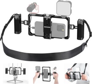 NEEWER Supporto video per smartphone con tracolla, doppia maniglia e slot per microfono Lavalier  