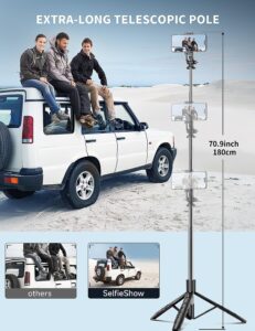 180cm Bastone Selfie Treppiede per Telefono esteso, con telecomando wireless e compatibile con smartphone iPhone e Samsung.