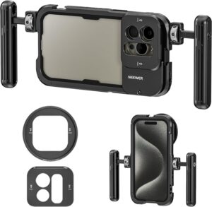 Gabbia video Neewer 15 Pro Max con maniglie ergonomiche, compatibile con iPhone 15 Pro Max, adattatore filtro 67mm e obiettivo posteriore 17mm.