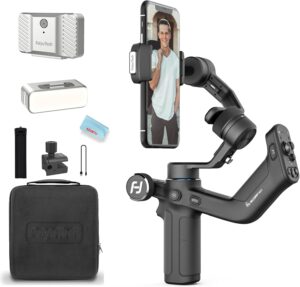 Feiyu SCORP Mini P Kit gimbal stabilizzatore per smartphone, ideale per YouTube e TikTok, con AI Tracking, ricarica rapida e design compatto.