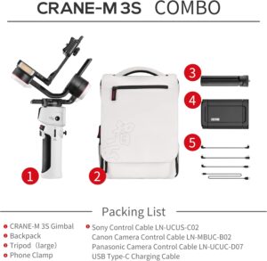 Stabilizzatore gimbal Zhiyun Crane-M3S con fotocamera, smartphone e action cam, treppiede e zaino incluso  