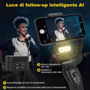 Stabilizzatore smartphone F12 Gimbal Stabilisateur con luce di riempimento e tracking AI