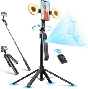 Jeebel Treppiede con tracciamento automatico del volto, luci LED integrate e controllo a gesti, ideale per video e foto professionali.