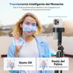 Jeebel Treppiede con tracciamento automatico del volto, luci LED integrate e controllo a gesti, ideale per video e foto professionali.