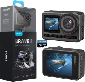 AKASO Brave 8 4K60FPS Action Cam con doppio touchscreen, risoluzione 4K e stabilizzazione avanzata, perfetta per sport estremi e attività subacquee