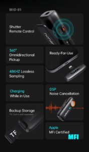 Hohem MIC-01 Microfono Lavalier Wireless per iPhone iPad, perfetto per vlog, live stream e registrazioni professionali.