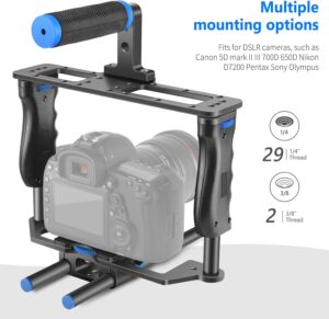 Neewer Gabbia di Videocamera Kit in Lega d'Alluminio con manico e barre da 15mm per fotocamera DSLR