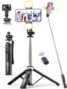 135CM Bastone Selfie Treppiede con Luce di Riempimento, ideale per foto e video professionali con illuminazione regolabile e compatibilità universale.