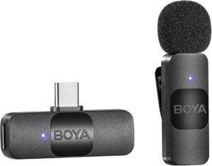 BOYA BY-V10 Microfono Lavalier Wireless USB-C compatibile con iPhone 15 e Android, ideale per registrazioni professionali.