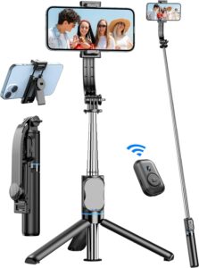 Bastone Selfie 41'' Estensibile con treppiede, clip staccabile e telecomando wireless, ideale per selfie e video stabili.