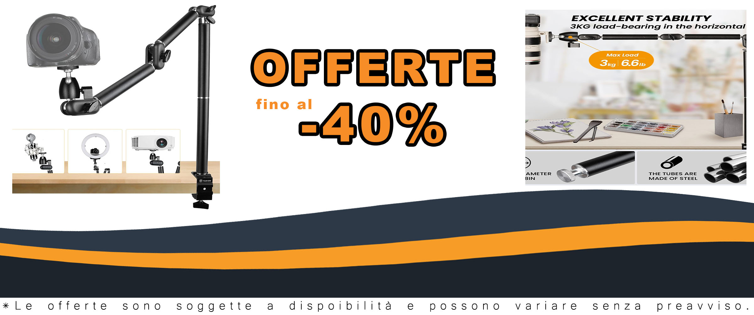 Immagine del Treppiede da Tavolo TARION con braccio articolato e adattatore per fotocamera