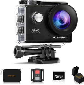 Apexcam 4K Action Cam 20MP con risoluzione Ultra HD, ideale per avventure all'aperto e immersioni subacquee fino a 40m.