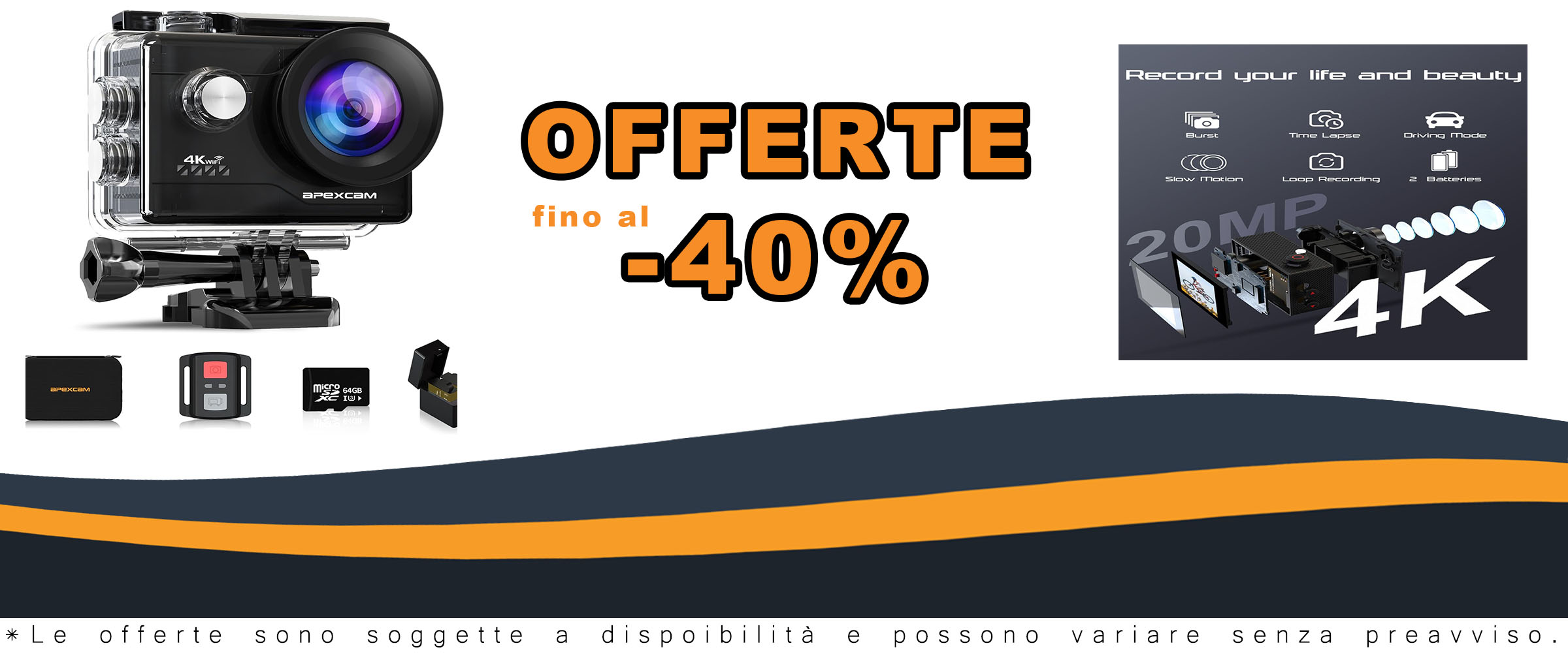 Apexcam 4K Action Cam 20MP con risoluzione Ultra HD, ideale per avventure all'aperto e immersioni subacquee fino a 40m.
