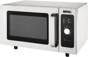 Microonde commerciale Buffalo 25L 1000W, ideale per ristoranti e attività professionali, con una potenza di 1000W e design compatto.