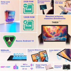 Immagine del 2025 Newest Tablet 10 pollici Android 14 con tastiera e mouse inclusi, display da 10 pollici e design elegante in oro.