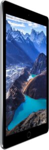 Apple iPad Air 2 (9,7 pollici, WiFi + cellulare, 64 GB) grigio siderale ricondizionato, vista frontale con display Retina acceso