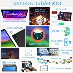 SKYEGG Tablet 10 Pollici Android 14 con tastiera, mouse e custodia, nero