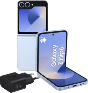 Samsung Galaxy Z Flip6 in colore Blue con display pieghevole e fotocamera da 50 MP, ideale per chi cerca prestazioni elevate e design innovativo.