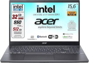 Acer PC Portatile con processore Intel Core i5, display FHD, e tastiera retroilluminata, perfetto per lavoro e intrattenimento.