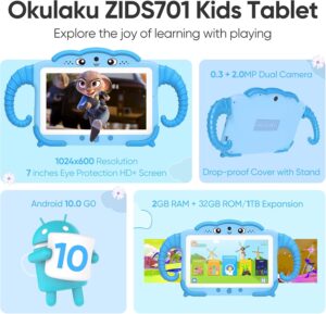 Tablet per bambini da 7 pollici con custodia, perfetto per bambini dai 3 ai 14 anni, dotato di 2 GB di RAM, 32 GB di memoria, Wi-Fi e doppia fotocamera.