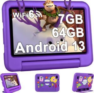 Tablet per bambini 7 pollici con Android 13, dotato di custodia EVA viola, doppia fotocamera, GPS e controllo parentale.