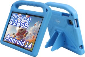 Tablet Weelikeit da 10 pollici per bambini, con Android 14, 8 GB di RAM e 128 GB di ROM, dotato di custodia, schermo HD e batteria lunga durata.