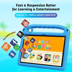 Tablet Weelikeit da 10 pollici per bambini, con Android 14, 8 GB di RAM e 128 GB di ROM, dotato di custodia, schermo HD e batteria lunga durata.