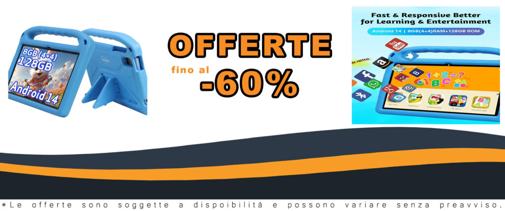 Tablet Weelikeit da 10 pollici per bambini, con Android 14, 8 GB di RAM e 128 GB di ROM, dotato di custodia, schermo HD e batteria lunga durata.