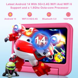 Tablet Android 14 per bambini, 7 pollici, 10GB RAM, con custodia EVA rosa, ideale per l'apprendimento e l'intrattenimento